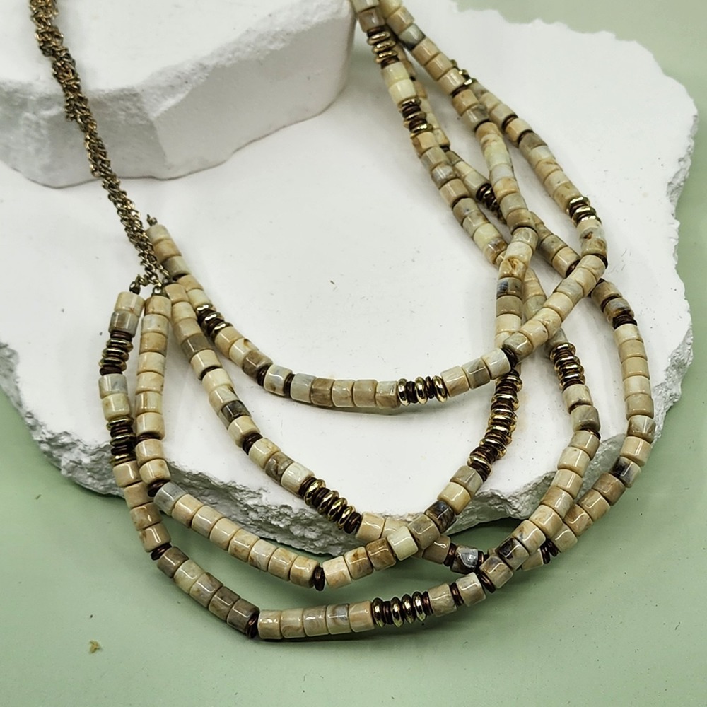 Signed Multi Strand Cream Marbled Bead Necklace Gold Tone Boho Layered Statement